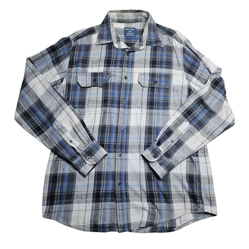 Men's Faded Glory Medium Blue Grey White Long Sleeve Flannel Shirt